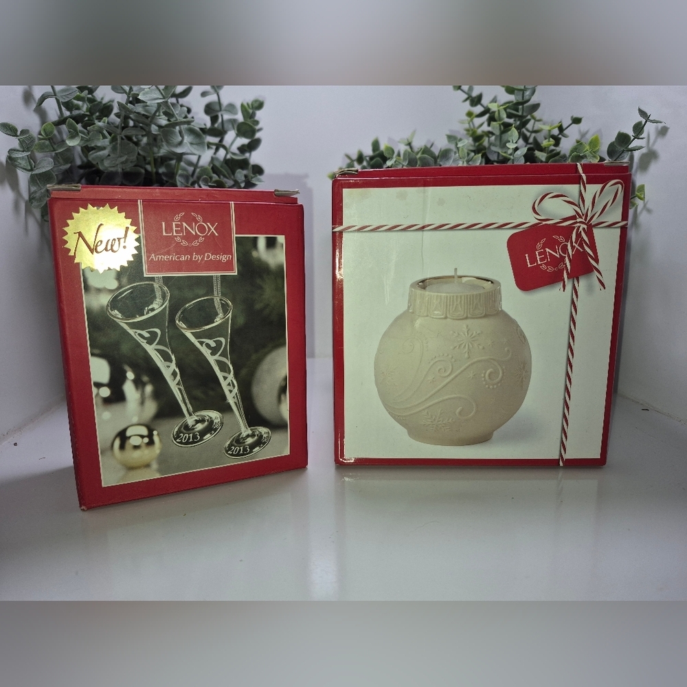 2 In The Box Lenox Christmas collectibles, 2 Ornaments, 1 Candle